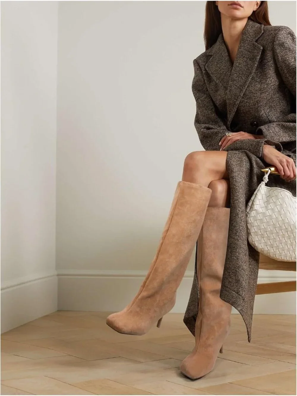 Women's Nude Faux Suede comfort Square Toe Kitten Heel Pull On Knee High Boots